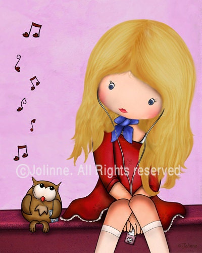 Children room decor wall art for girls owl music , nursery wall hanging , archival reproduction art print