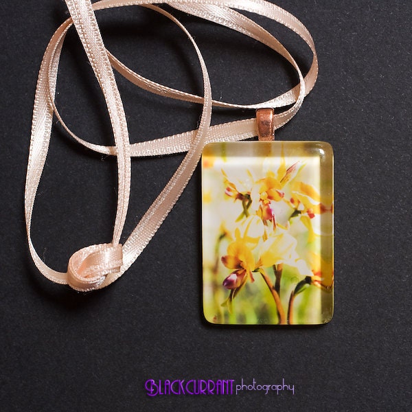 Australian yellow orchid wild flowers glass photo pendant copper peach ribbon necklace accessory