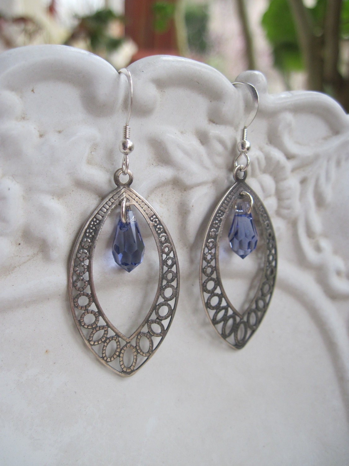 Antique Silver Filigree Earrings With Purple Amethyst Swarovski Crystal