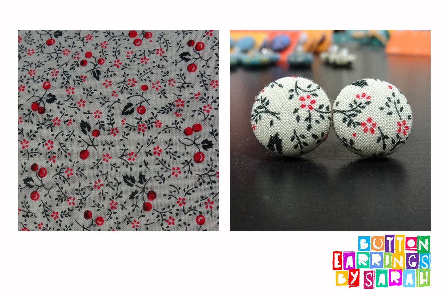 Covered Button Earrings -- Pink Stick Flowers