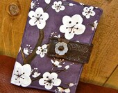 Kindle Fire Cover, Nook Cover, e-reader Cover-Aubergine Suede Padded Book Style Cover Hand Painted with Cherry Blossoms
