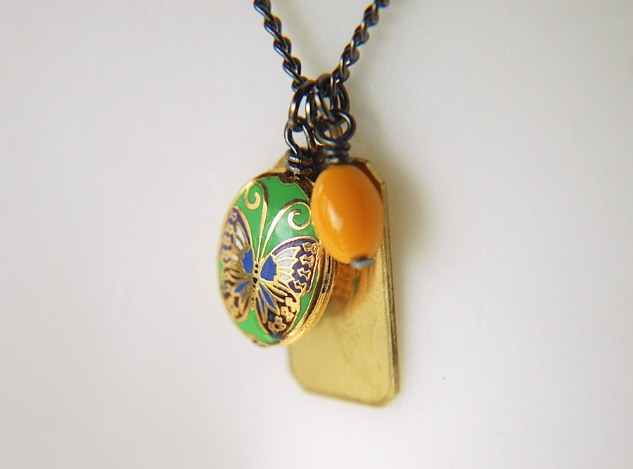 Cloisonne Butterfly Pendant and Mixed Metal Necklace - Gold & Green Butterfly