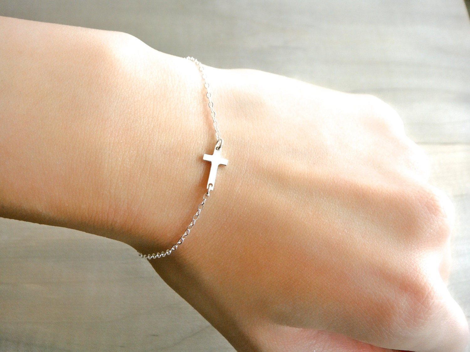 Sideways Cross Bracelet Mini / Tiny - Sterling Silver - Celebrity bracelet, Kelly Ripa, Taylor Jacobson, Jennifer Lopez, Easter, Religious