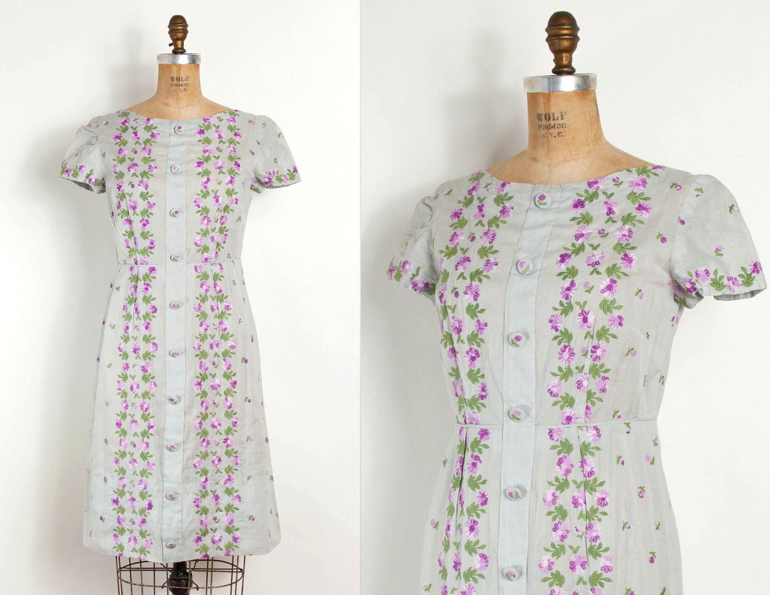 vintage 1950s dress / 50s dress -- embroidered floral cotton dress (small)