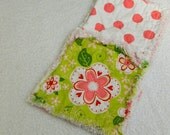 SALE Girl Security Blanket - Pink, Red & Green Flowers and Dots Small Rag Quilt Lovey