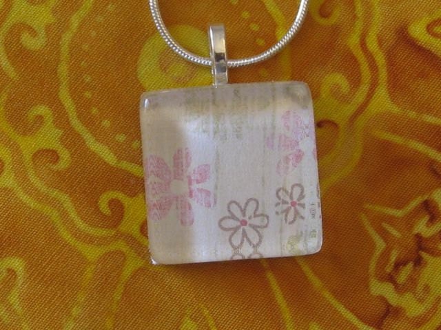 Pink Brown and Green Daisy Flowers Glass Scrabble Tile Pendant
