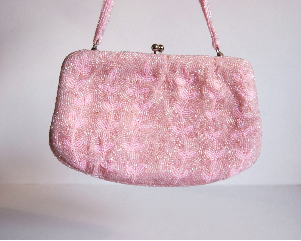 Vintage Purse Beaded Formal Clutch Pink Evening Bag Hand Made in Japan
