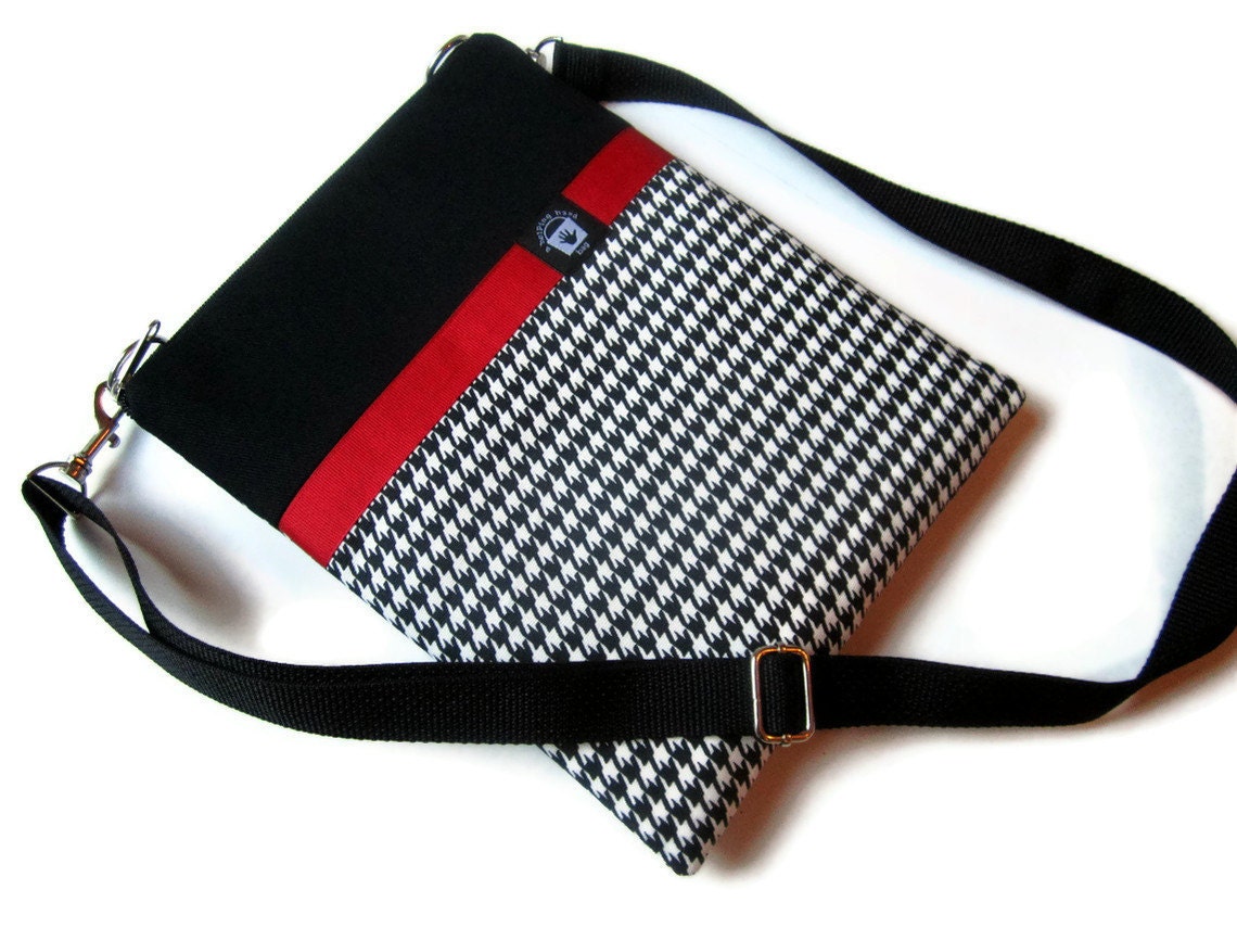 iPad Case, iPad 2 Sleeve, PADDED Cover Bag, Stylish iPad Bag with Shoulder Strap, Black and White Houndstooth with Red Accent - aHelpingHandBag