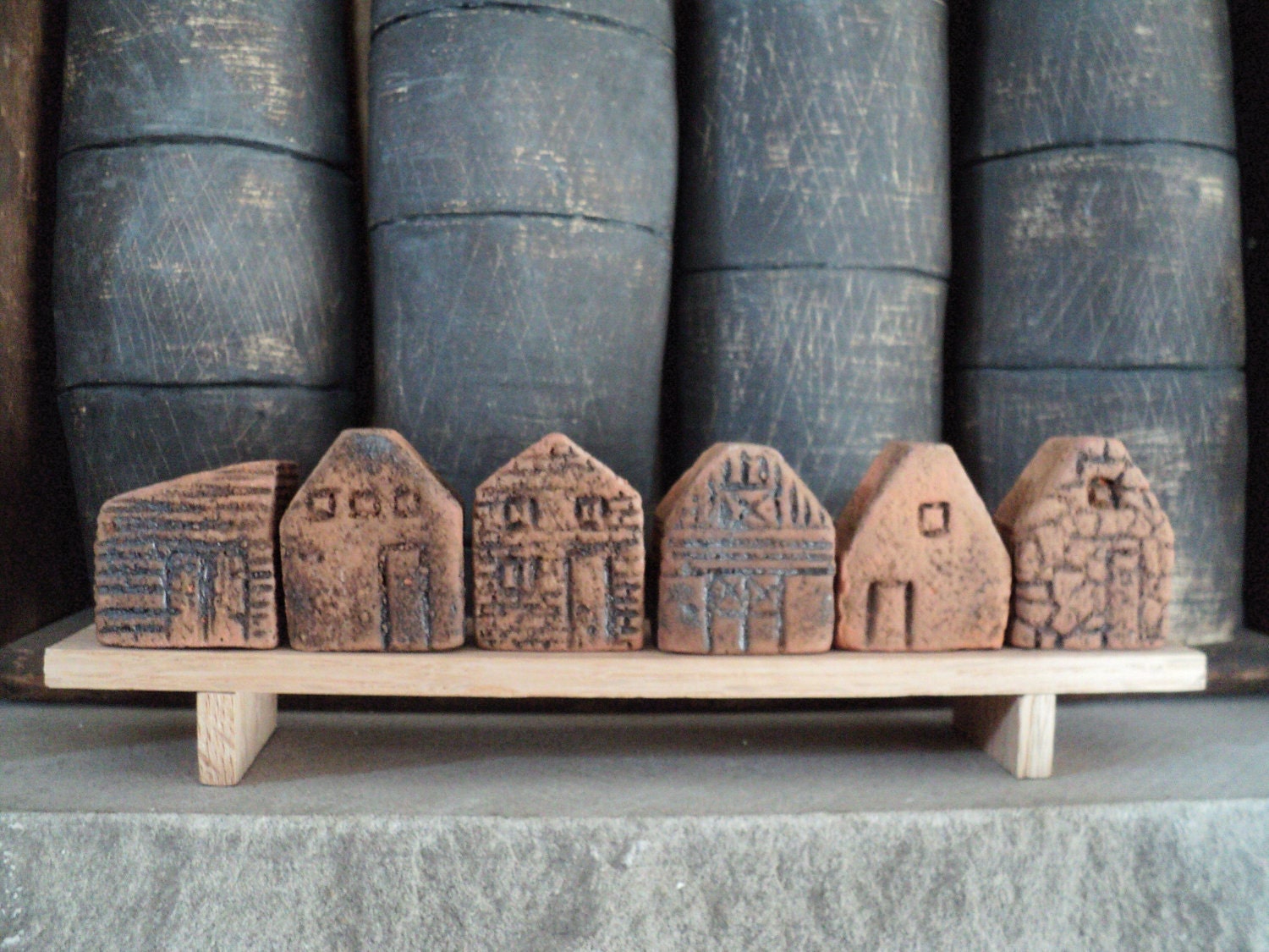 tiny clay houses on a bench - claychickadee