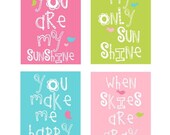 You Are My Sunshine 4 pc Art Print Set For Girls Bedroom or shared space  8x10 in  hot pink, spring green,aqua and sweet pink