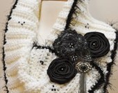 Cowl - Snowy Owl Scarf - Romantic Wrap - Black and White Wrap - Lovely Satin Flowers - Metallic Beads - Feather Brooch - Fuzzy Wrap - OOAK