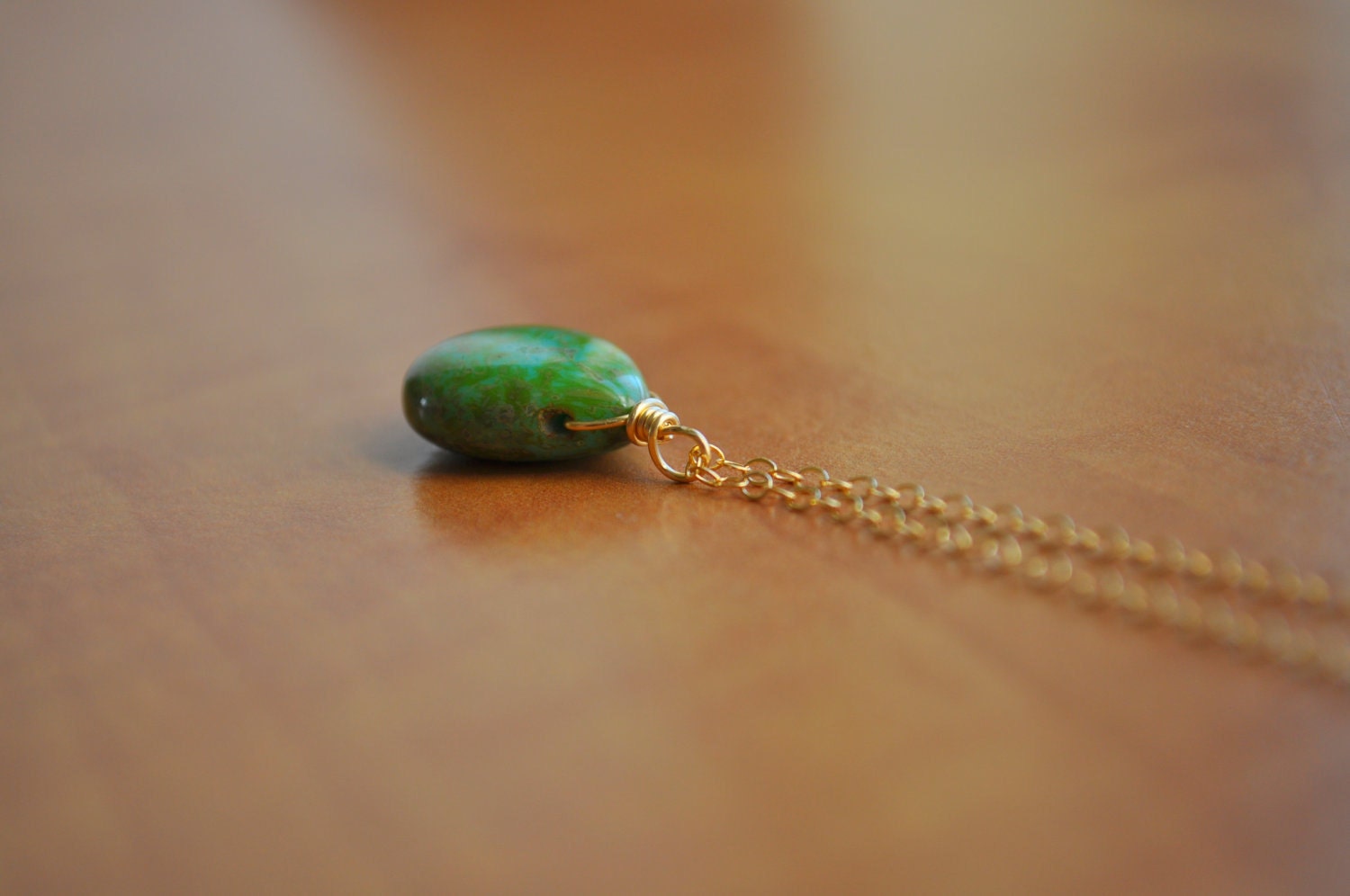 Green Turquoise Necklace - swirled glass teardrop on gold filled - simple everyday jewelry
