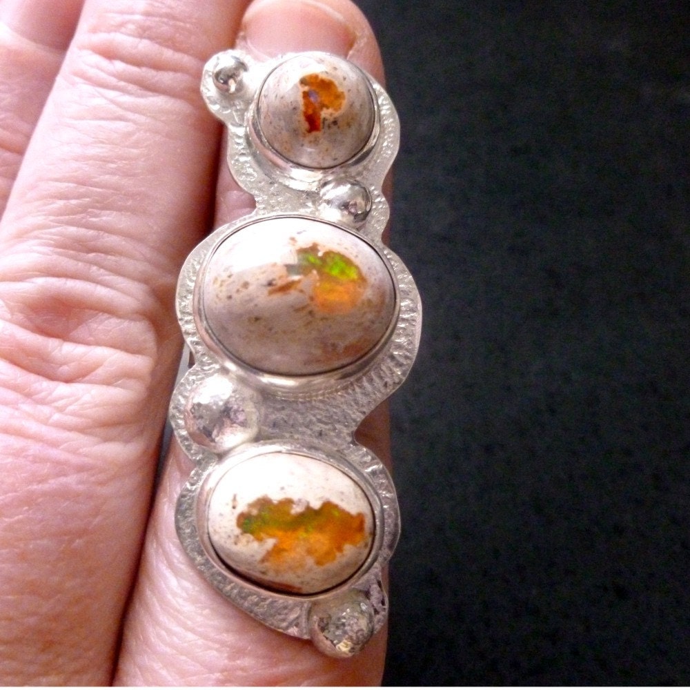 3 stone Mexican opal ring in silver