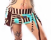 Warrior Skirt, Tribal Mini Furry Tail Turqouise blue cream brown Carnival Stripe squares, gutter punk Rocker Wild One unique OOAK