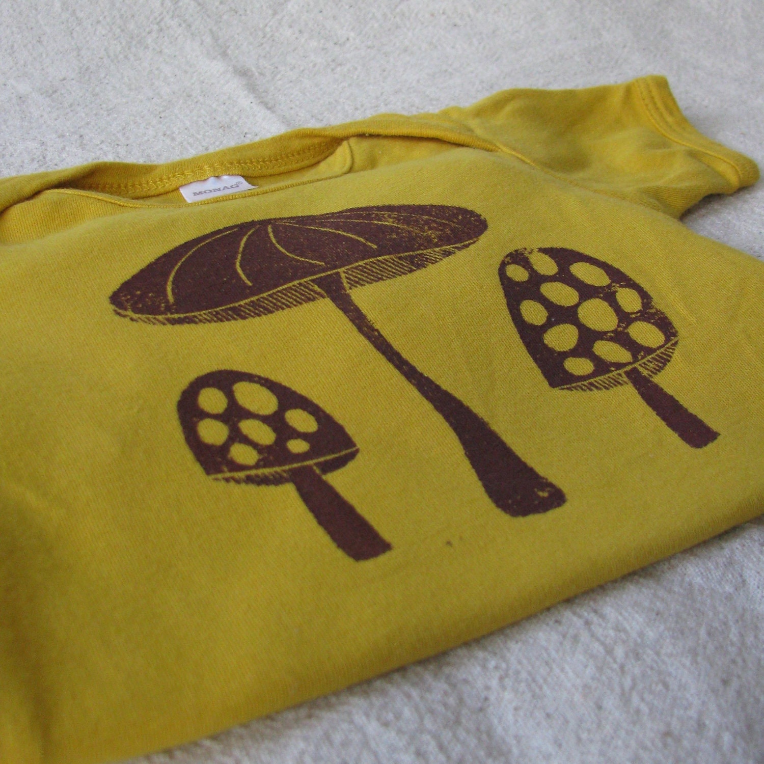 Toadstool Onesie, Short Sleeve Bodysuit, Linocut, Hand-Dyed, Hand-Printed, 6 to 12 Month Size