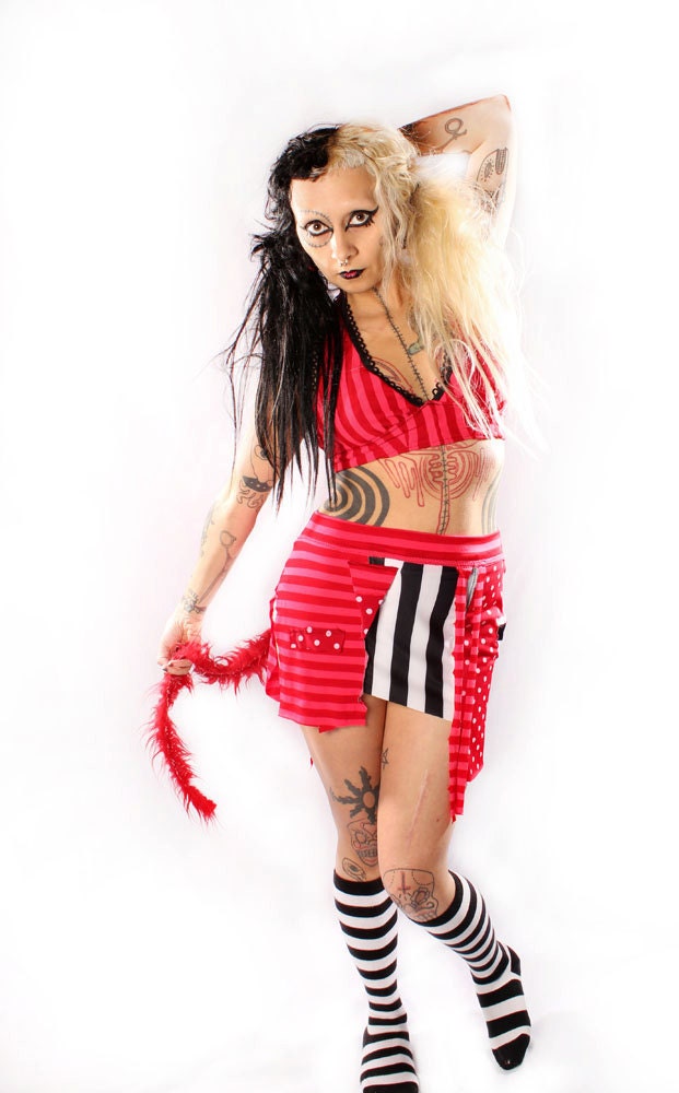 Carnival Mini Skirt, Red Furry Tail red black white Carnival Stripe, short skirt Anime Rocker Wild warrior One unique OOAK