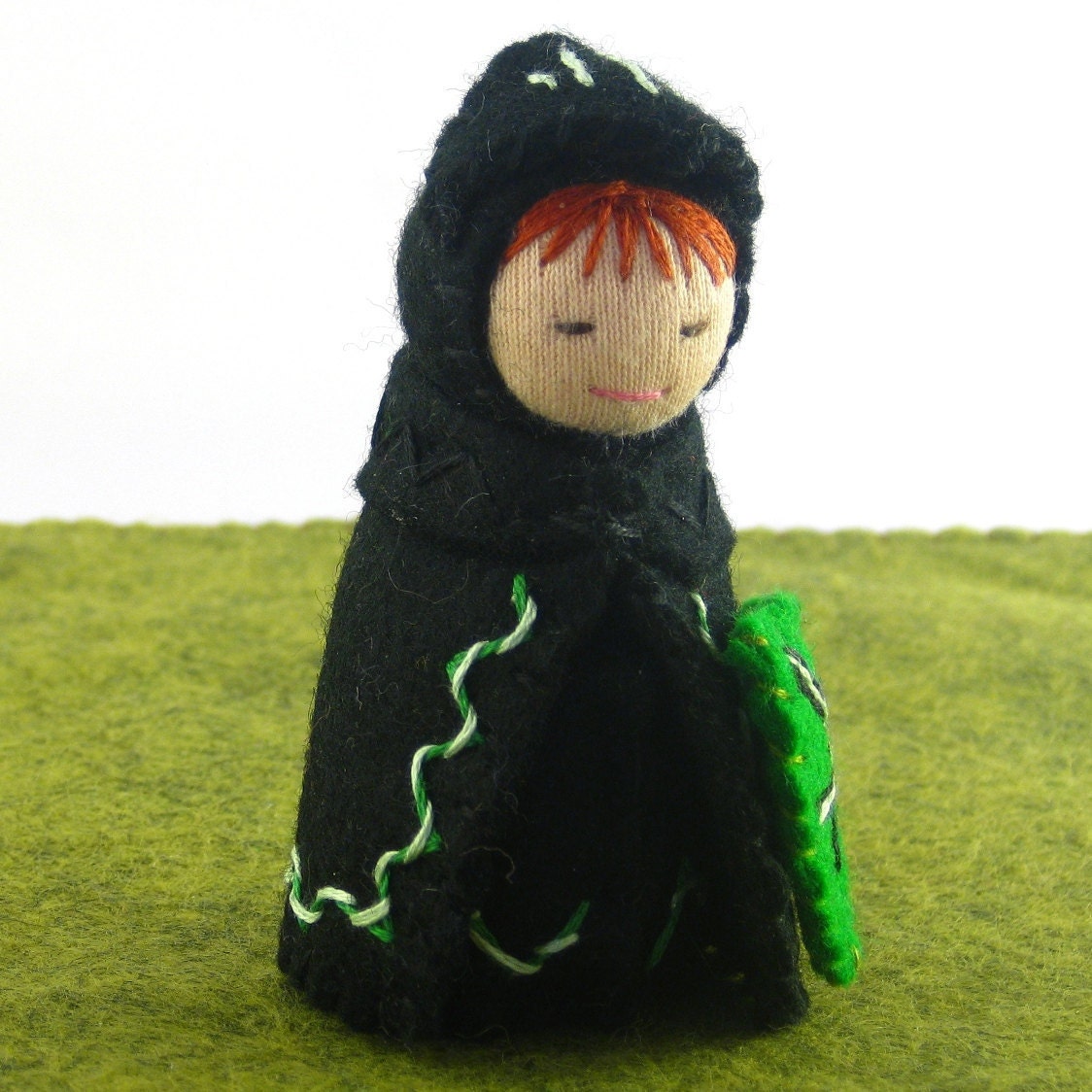 Black Knight Doll with Green Shield - Waldorf inspired