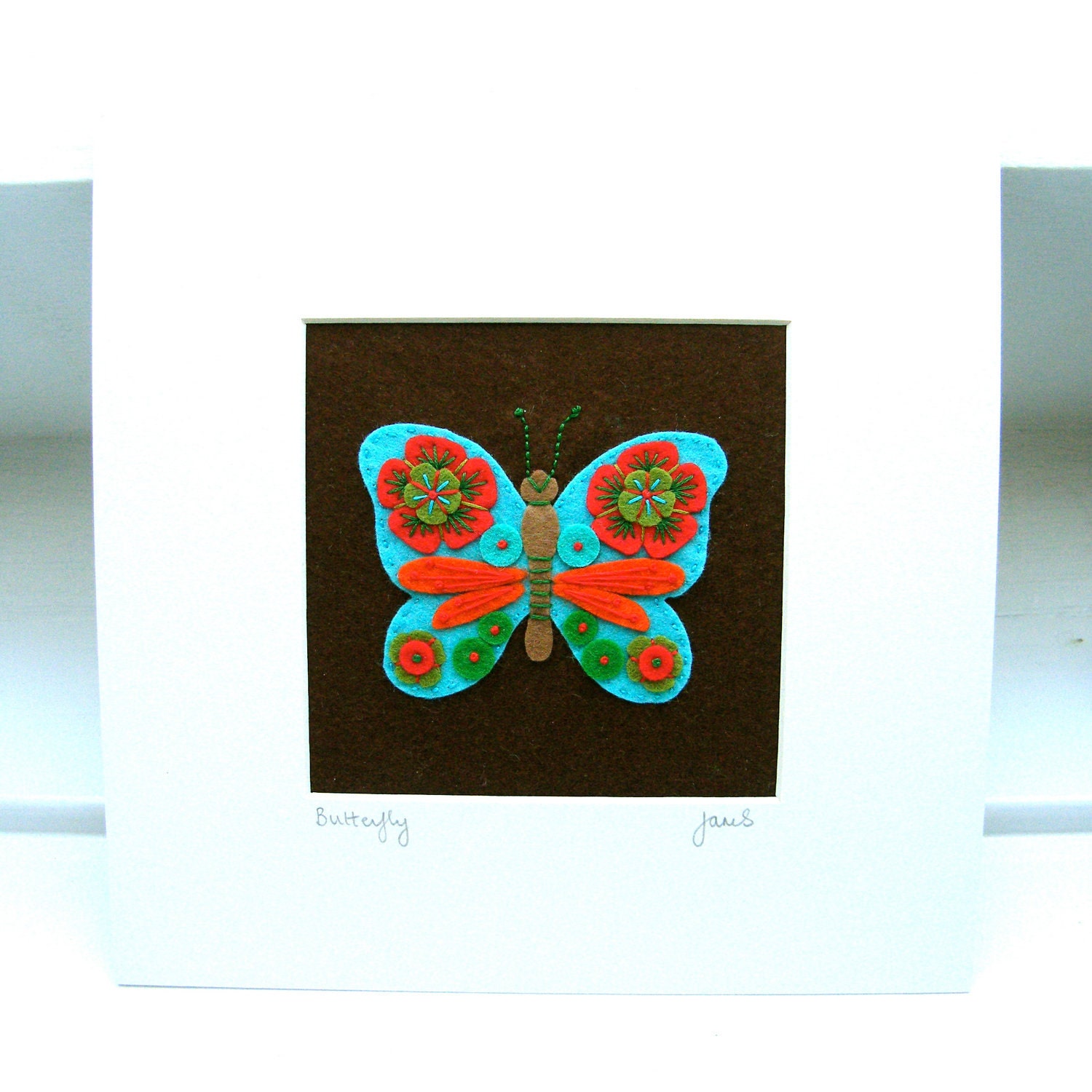 BUTTERFLY felt and hand embroidered picture / wall art - New