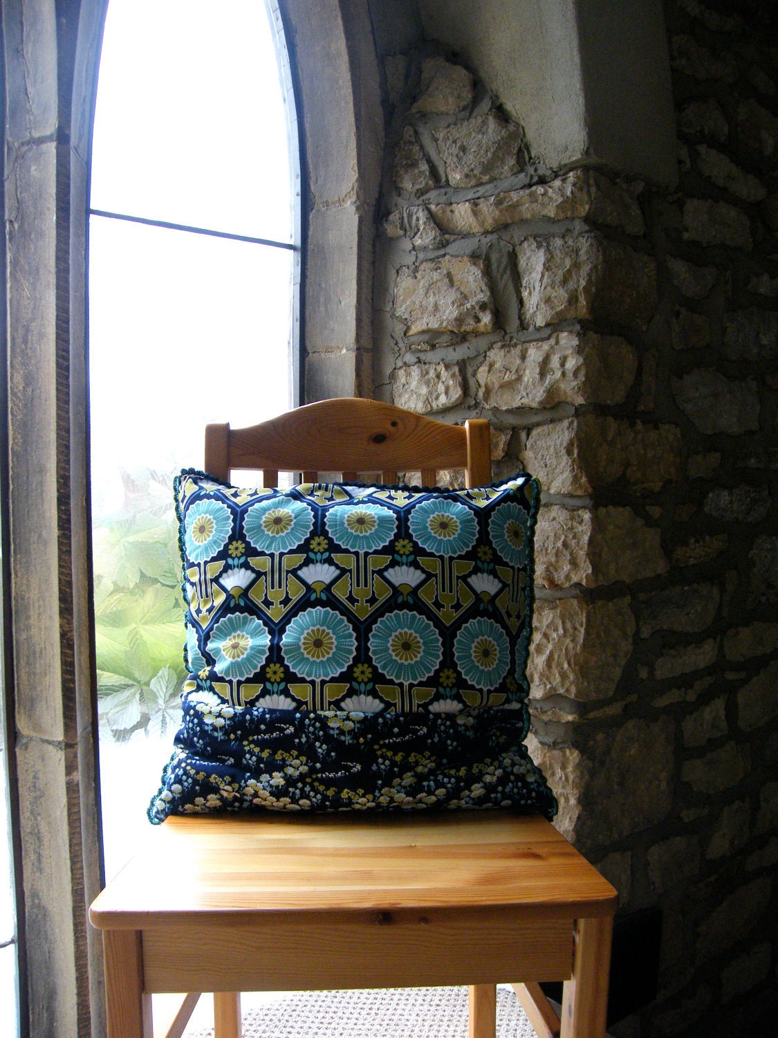 COTTON CUSHION COVER (including cushion pad) with hand crochet edging in co-ordinating cotton thread