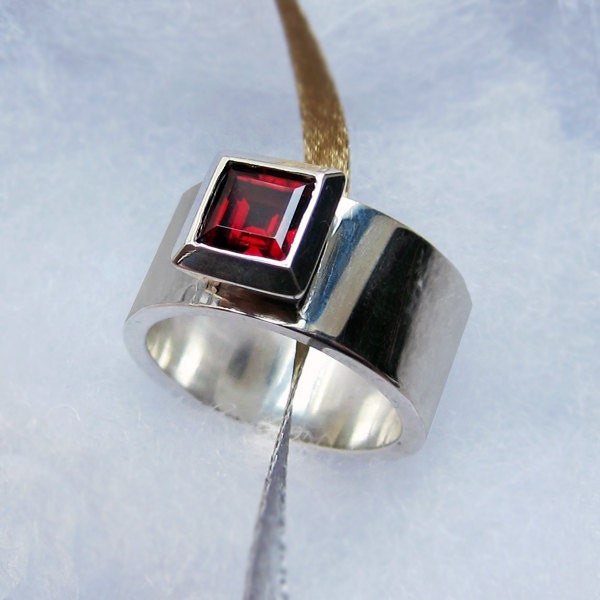 Garnet ring - recycled sterling silver - modern - geometric square - square solitaire ring -Metropolis collection