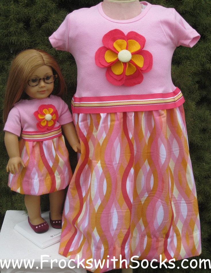 FROCKS with SOCKS 2T thru 8 Orange Seaweed Pink Matching Girl and Doll Dresses