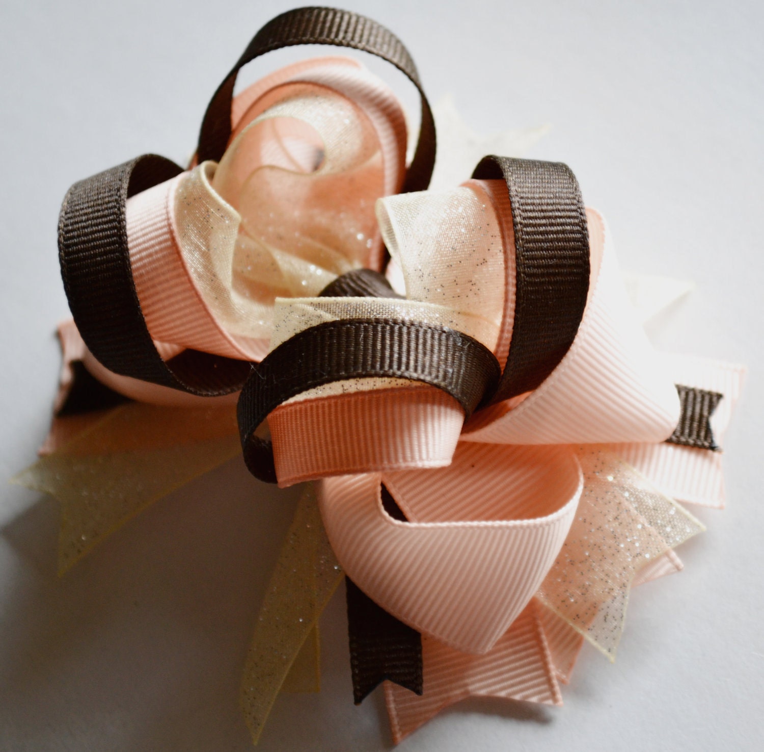 Beautiful, blush romantic hair bow. Peach, brown, sparkle