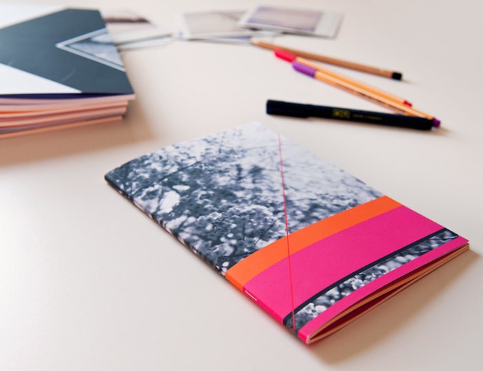 Notebook, A5 sized, pink and orange, geometric shapes and flower photo cover, perfect bound