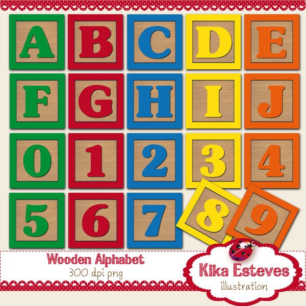 Wooden Alphabet and Numbers Square Clipart - Digital Clipart / Scrapbooking colorful - card design, invitations, stickers, web design