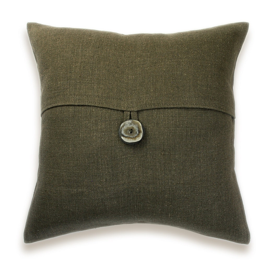 Dark Olive Green Linen Throw Pillow Cover 16 inch Faux Horn Button DREA DESIGN