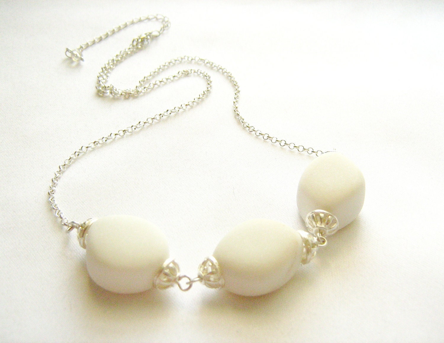 Cotton Candy necklace - white jade stones, silver plate