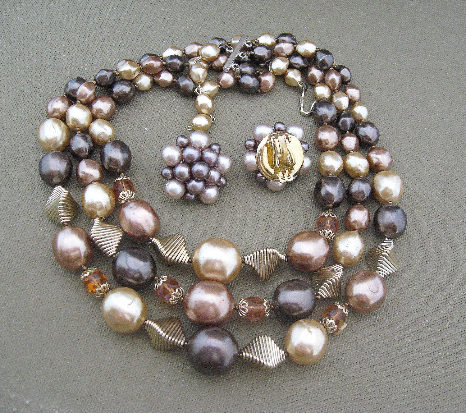 Brown Creams Vintage Japan Necklace Set Beaded Triple Strand