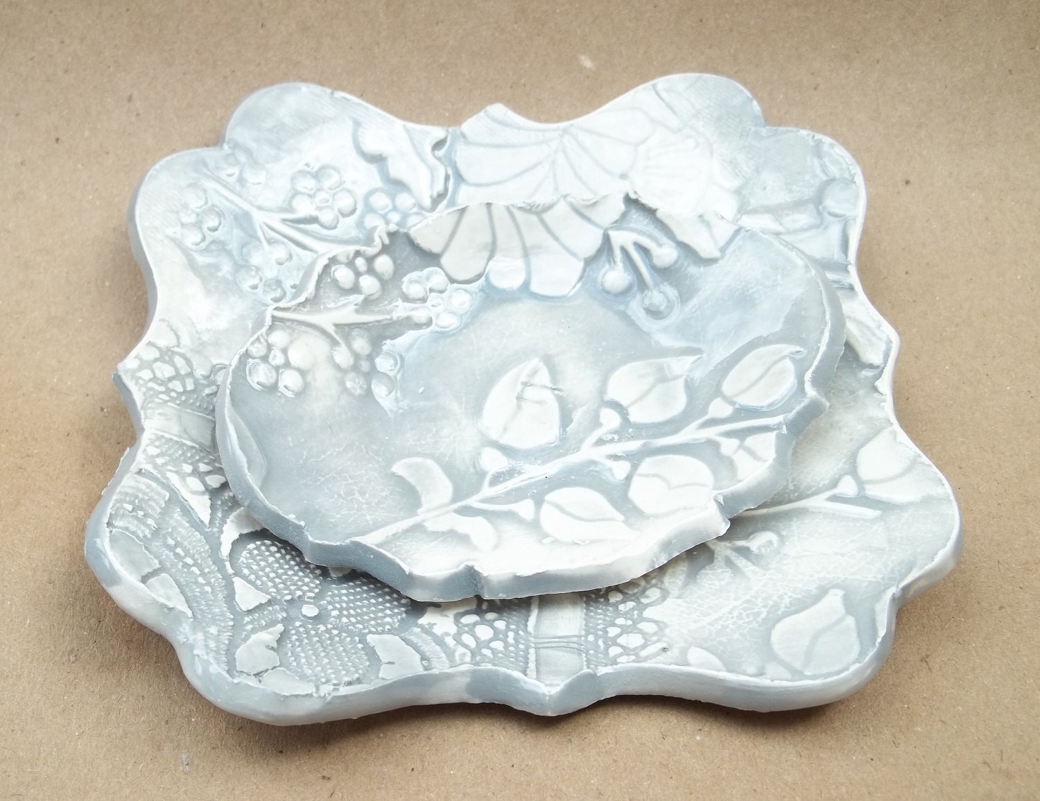 Smokey Gray Damask Bowl with matching Ring Dish