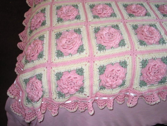Pink Rose Afghan with Ruffles, Satin Ribbons and Bows - Made to Order