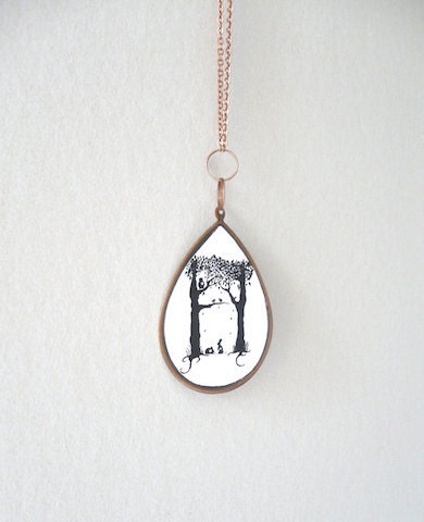 Illustrated Raindrop Pendant /Animal Hearts, Black Forest Silhouette