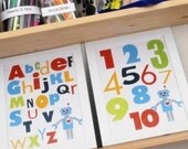 2 Robot Alphabet and Numbers Wall Print, 8 x 10, Robot illustration and Typography Wall Print Poster Boy Room