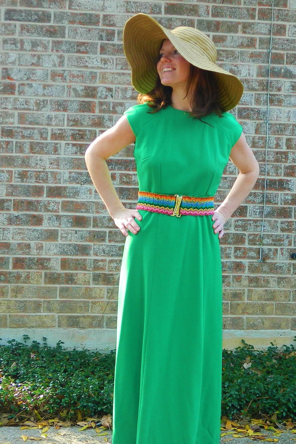 1960s JADE green floor length  aline cap sleeve LOVLEY cut MOD dress