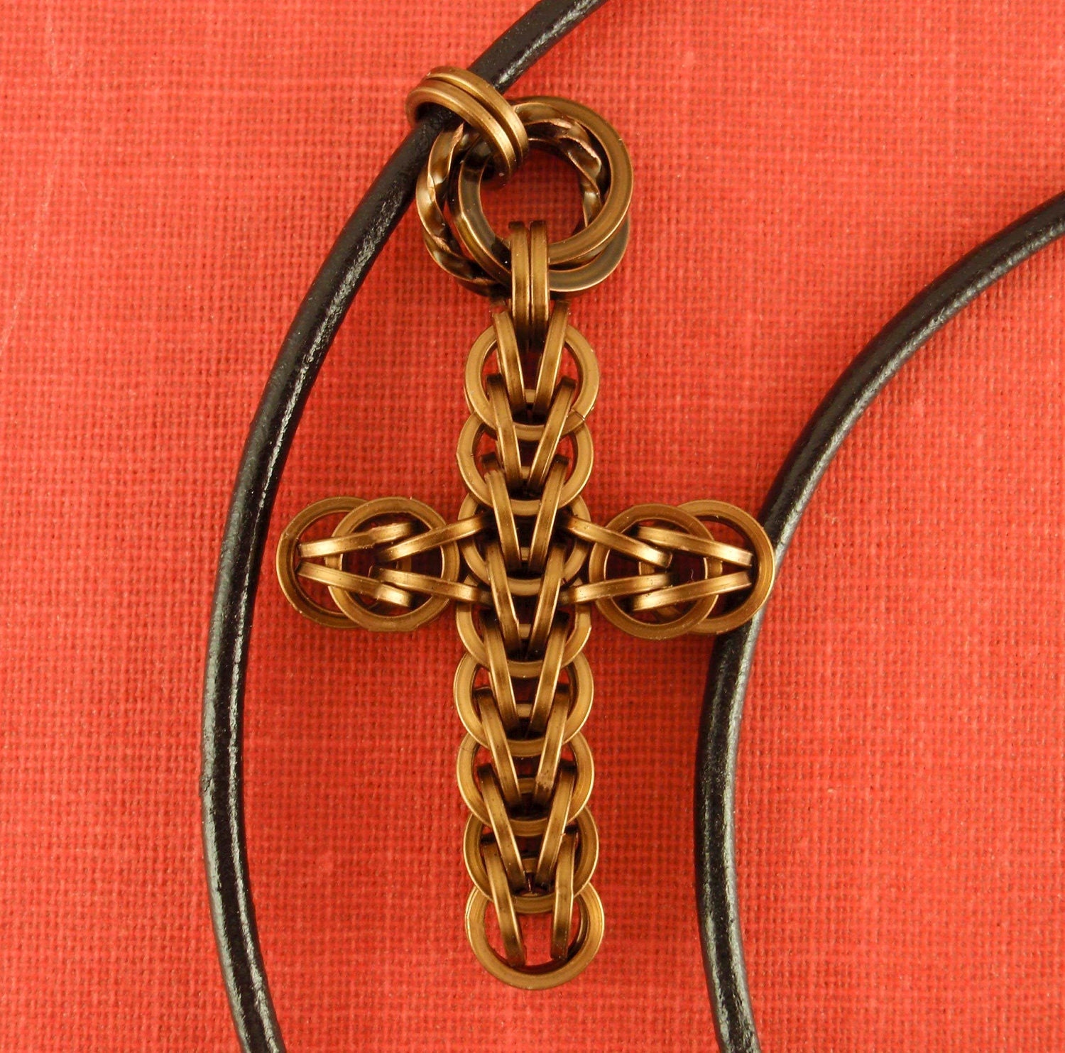 Small Chainmail Cross Pendant - Square Vintage Colors - 22 inch Leather Necklace