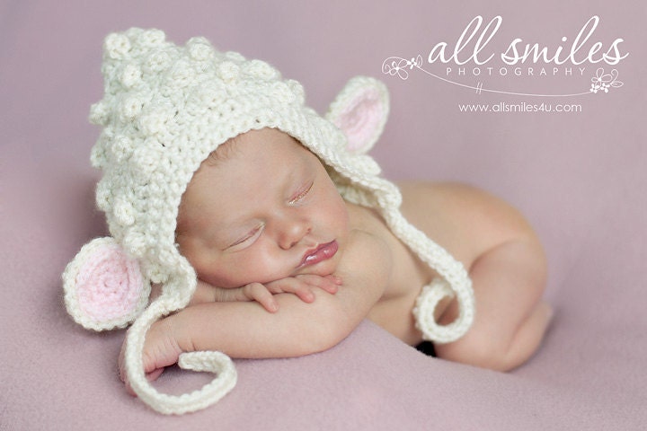 SALE Little Lamb Bonnet Newborn 0-3, 3-6, 6-12, 12-24 months, 2-5 years Ivory White Barley Black Gray