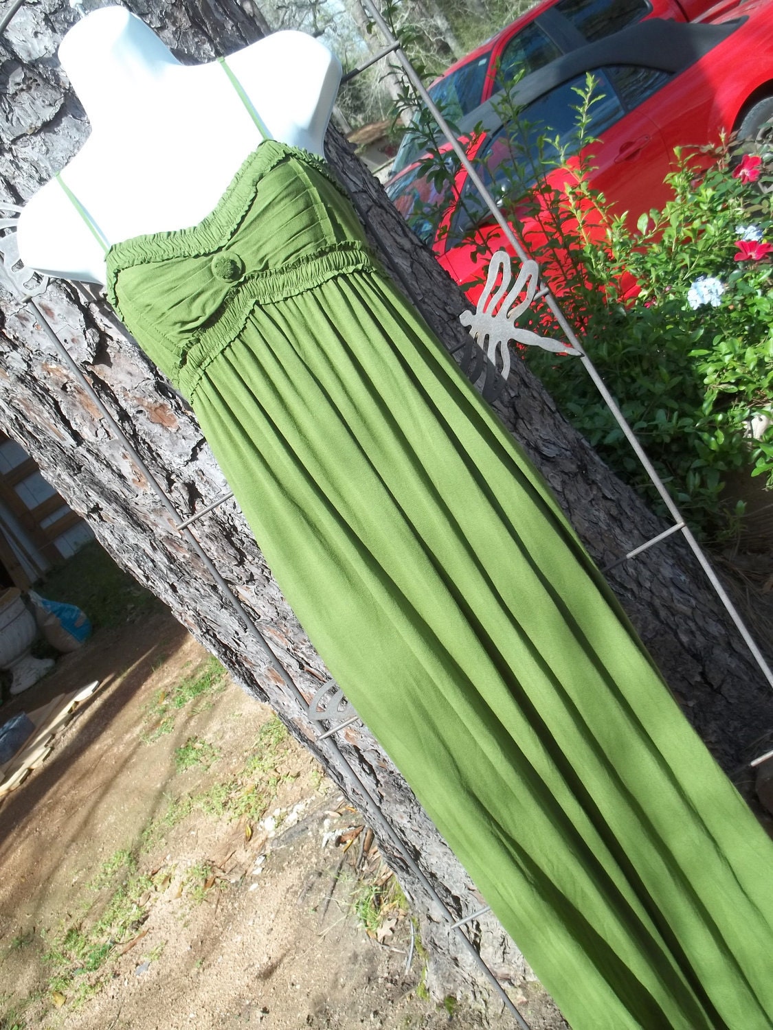 Vintage Maxi Dress Sundress Pleated Bust Spring Green Size S/M