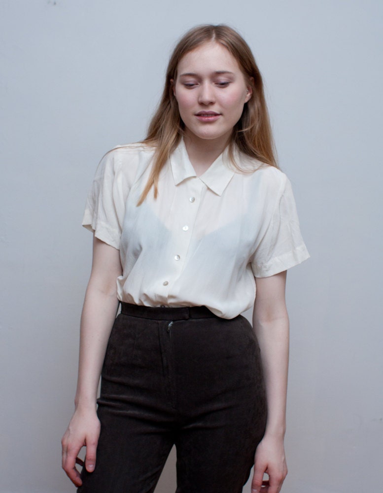 vintage SILK blouse / short sleeved cream oxford / M