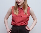 vintage SILK blouse / coral sleeveless shirt / M