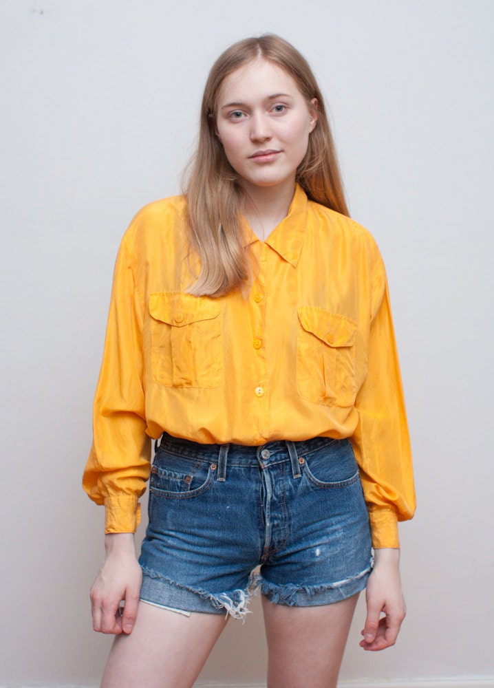 vintage SILK blouse / oversized yellow shirt / L