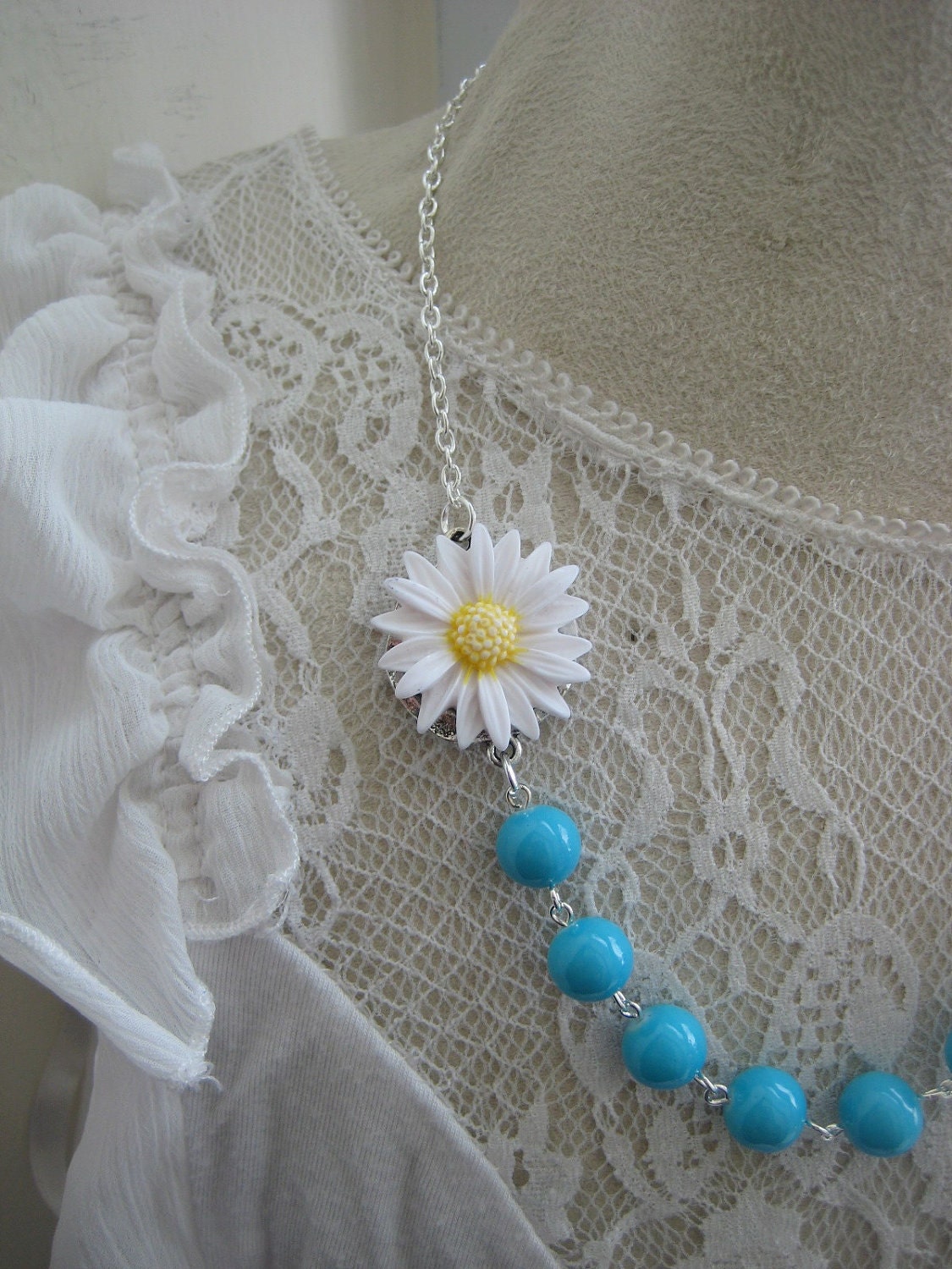Assymetrical necklace turquoise glass beads white sunflower. FREE earrings.
