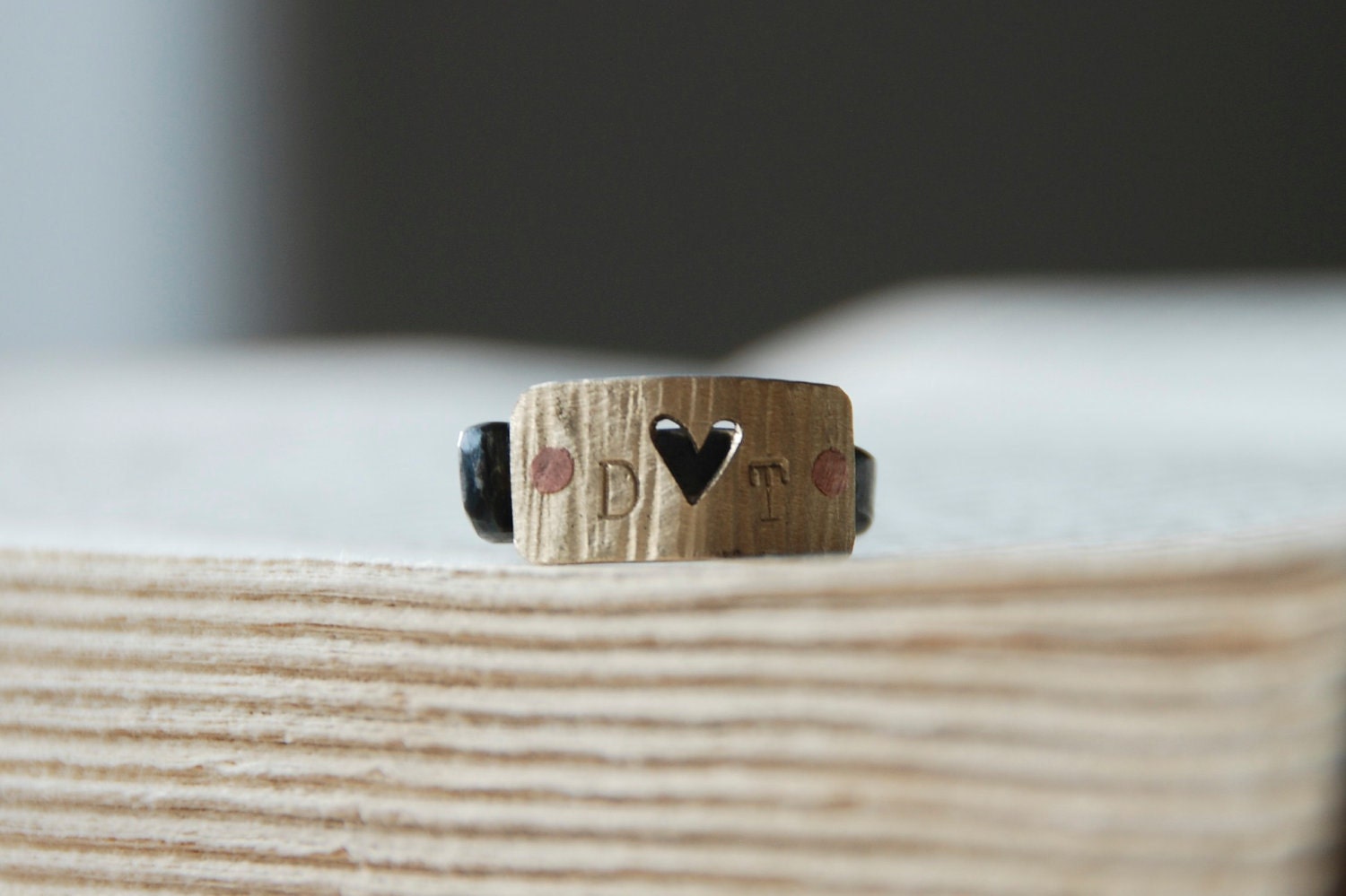 Personalized Heart Ring Textured Brass with Hand Pierced Heart and Couples Initials on Antique Barn Nail