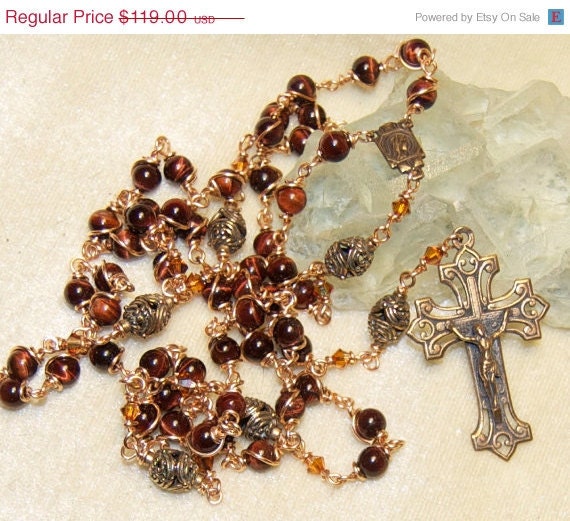 ON SALE Bronze Pocket Rosary Catholic Unbreakable Brown Tiger Eye Custom