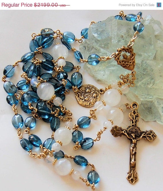 ON SALE 14k Gold Rosary Blue Topaz Moonstone OOAK Unique Wire Wrap Heirloom by HeartFelt Rosaries