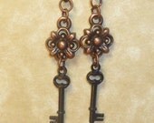 Earrings steampunk antique copper filigree and tiny key E013