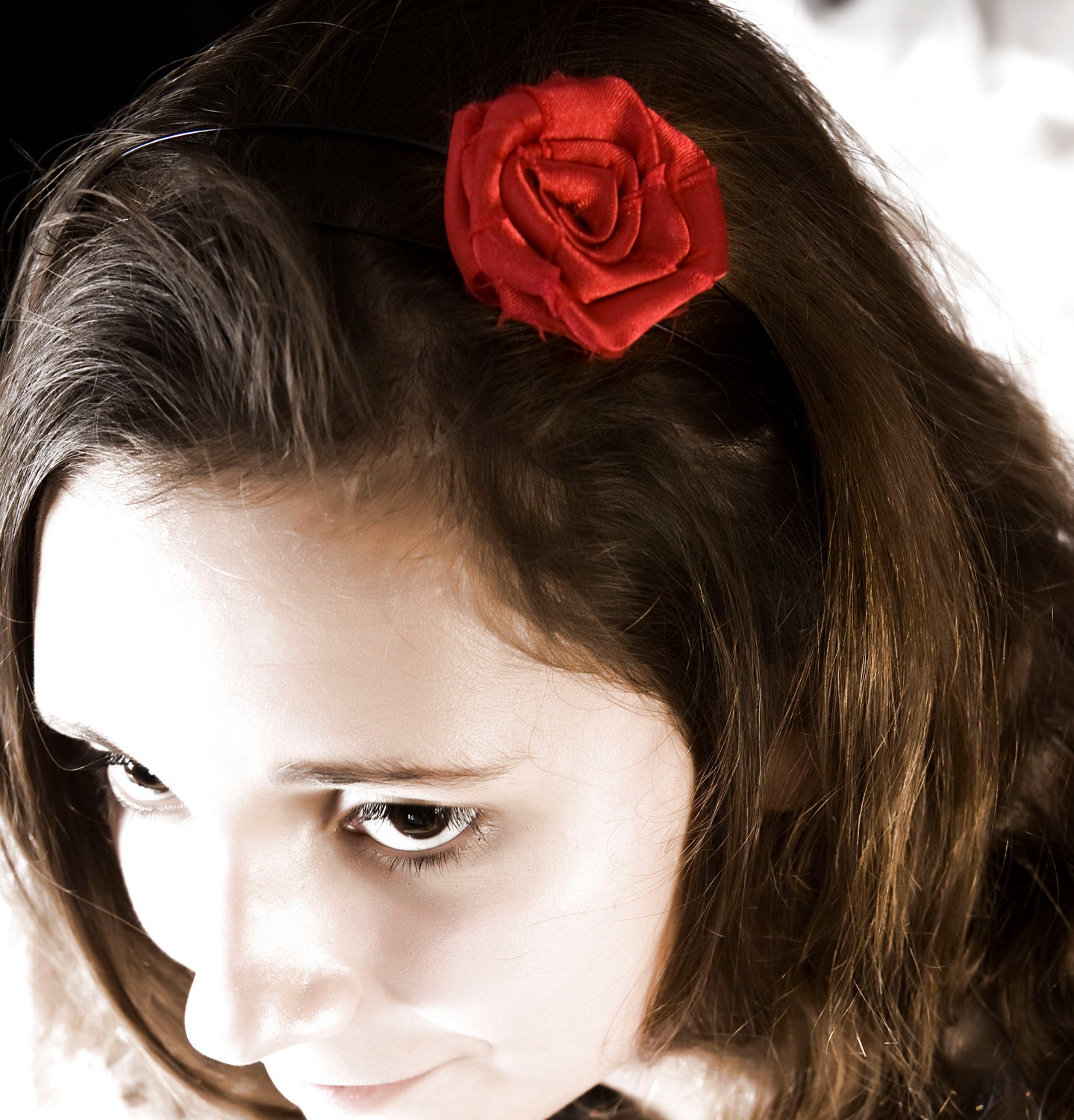 Ellie- headband with red fabric rosette-perfect for bridesmaid