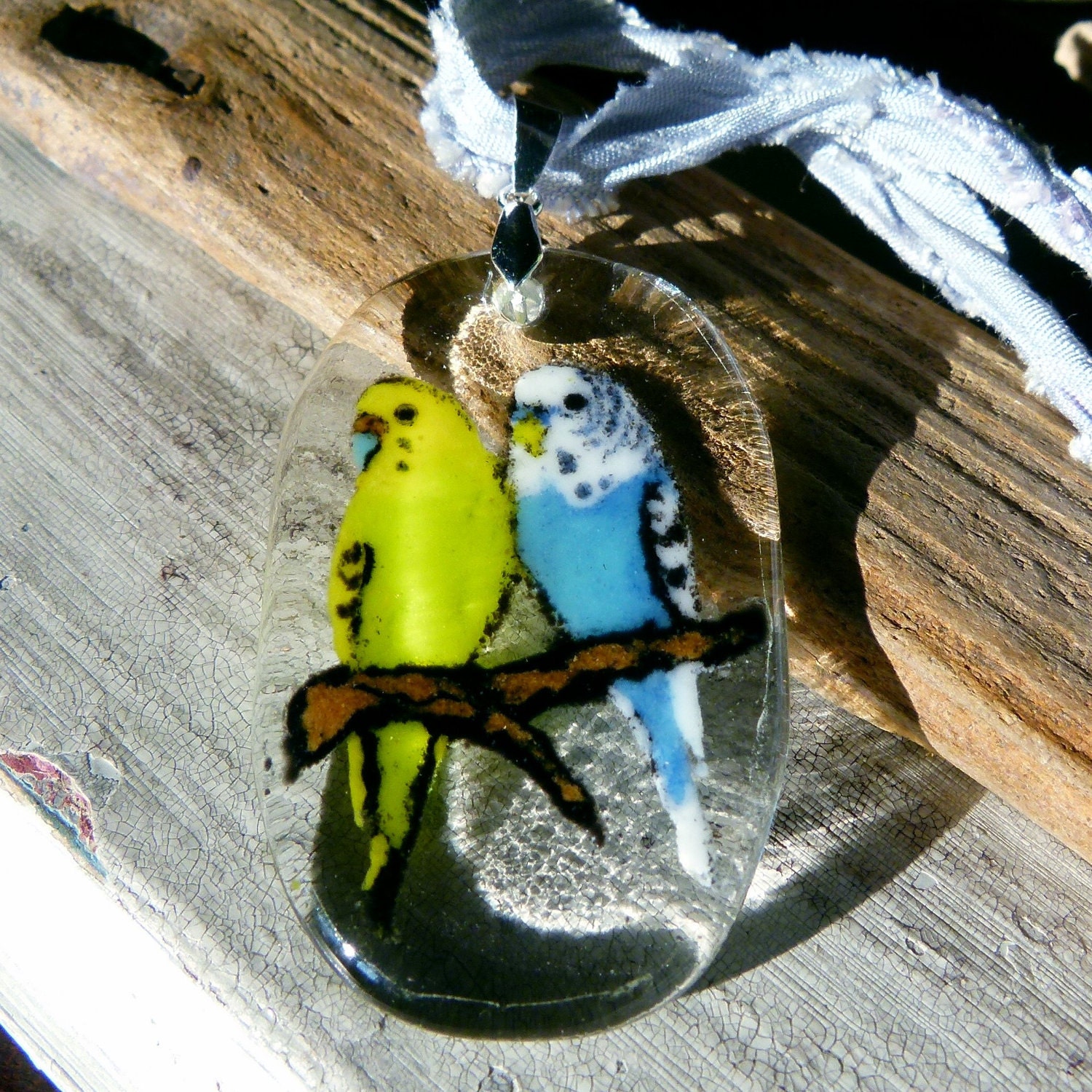Beautiful budgies - fused glass pendant