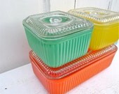 Vintage Ribbed Glass Colorful Refrigerator Dishes Set of 3